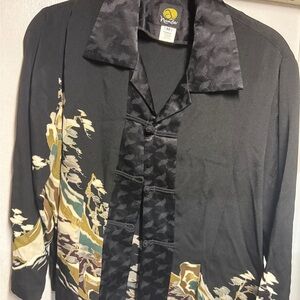 Anne Namba Woman’s  Black Satin-Trim Floral Panel Lightweight long sleeve blouse